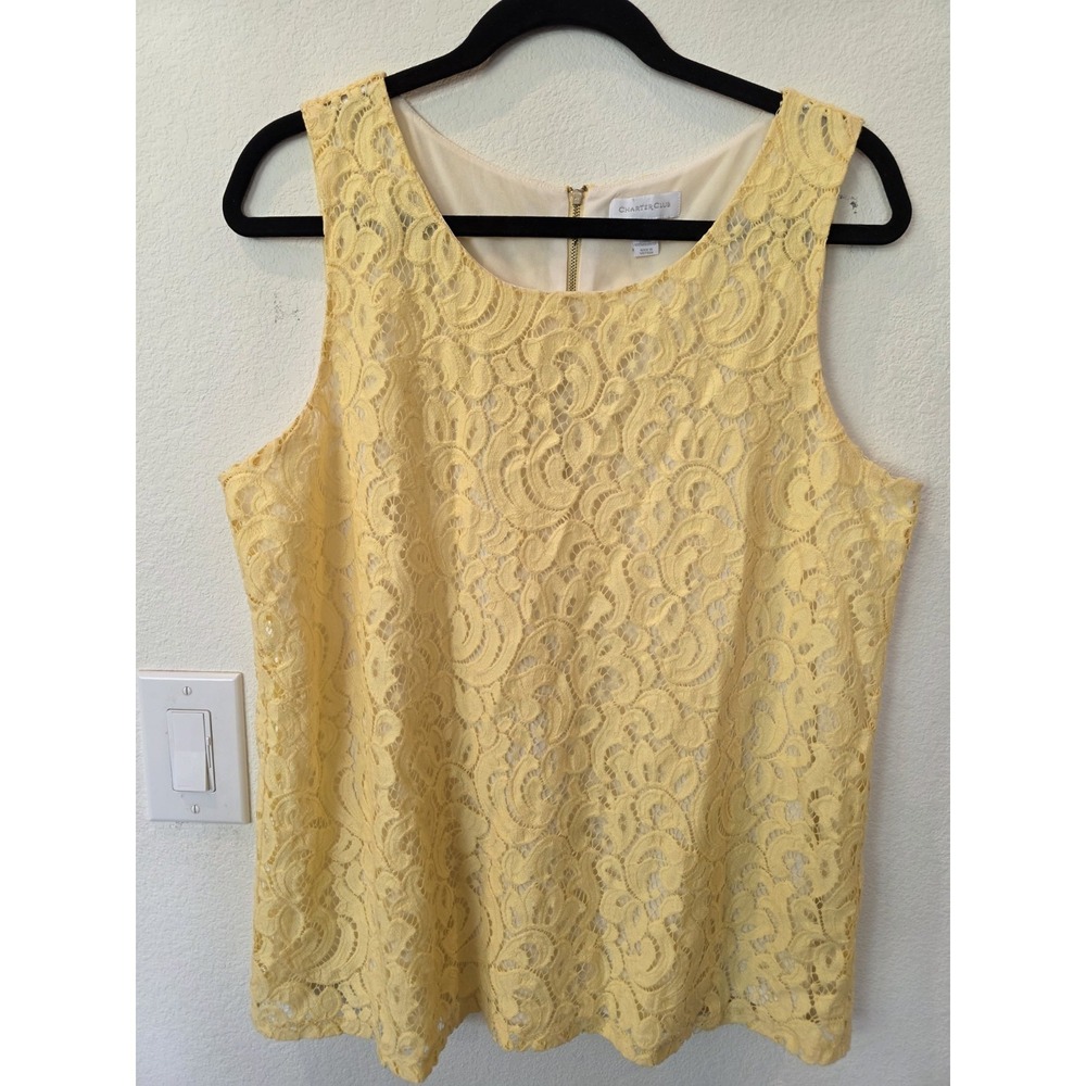 Charter Club Sz XL Soft Daffodil Yellow Sleeveless Lace Lined Blouse Spring Luxe